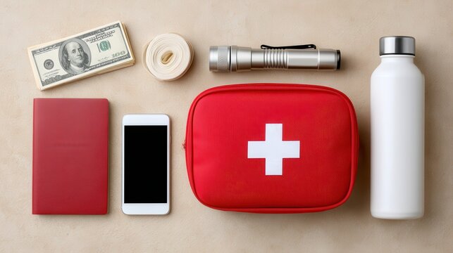 Passport, cash, phone, flashlight, first aid kit, water bottle, and a storage box are neatly arranged on a neutral beige background