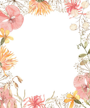 Hand painted watercolor frame with poppy, dahlia, calendula and sweet pea foliage. Elegant botanical template with space for wedding invitations, greeting cards and eco-style stationery