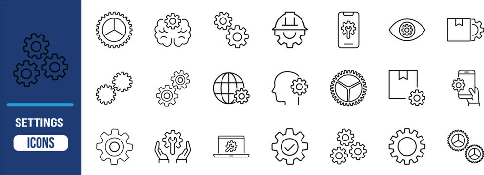 Gear mechanism settings process vector icons. gear icon set, brain icon set, smartphone icon set