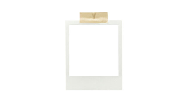 A white polaroid photo frame with a beige tape on top isolated on transparent background
