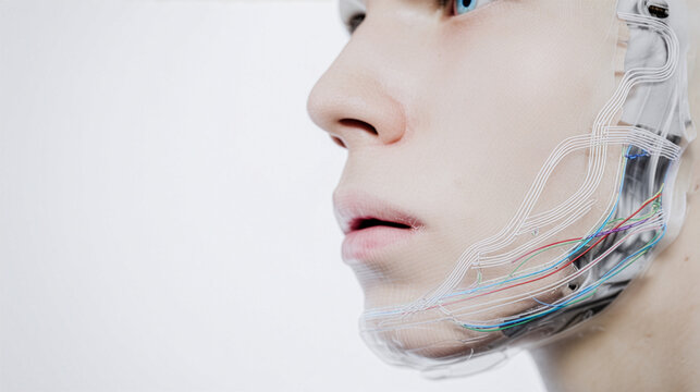 Humanoid Robot Face with Exposed Wiring and Circuit Panels Close-Up Profile View Artificial Intelligence Concept