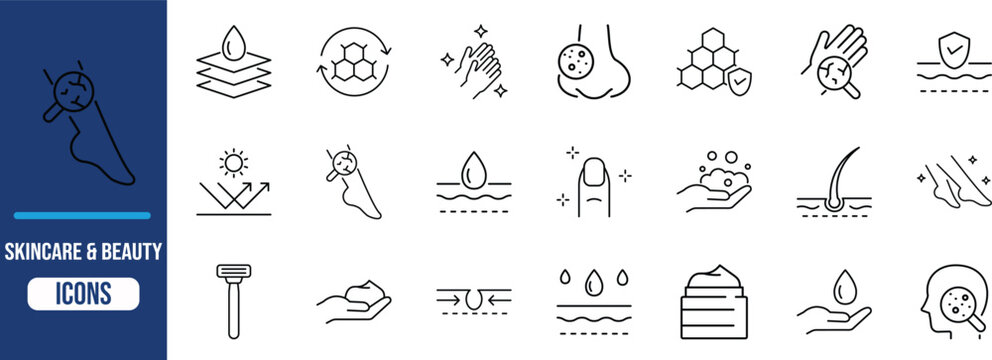 Skincare beauty and dermatology icons. razor icon set, cream icon set, molecule icon set
