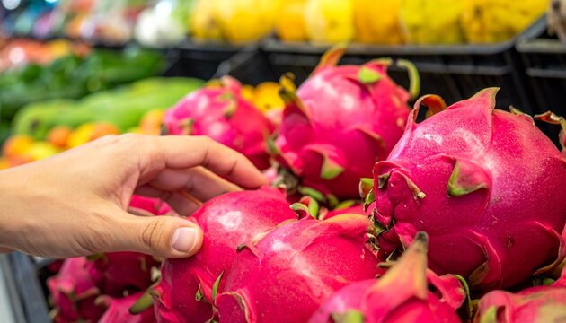 A hand selecting a vibrant dragon fruit from a market stall. The exotic fruit's magenta skin contrasts with the blurred background of other produce