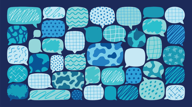 Hand drawn speech bubbles with patterns, blue conversation clouds vector set, textured talk bubbles for social media and messaging