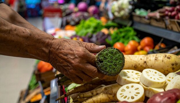 A person's hands holding a fresh lotus root in a market stall, surrounded by various colorful vegetables and produce. The texture of the lotus root is clearly visible, showing its intricate pattern