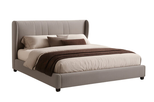 image.png Elegant upholstered bed with tall padded headboard, white bedding, pillows and brown throw blanket, isolated on transparent background for bedroom design