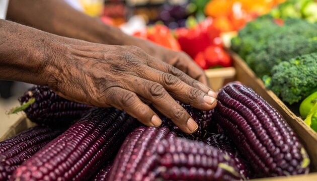 Hands selecting fresh purple corn from a market stall. Vibrant vegetables like bell peppers and broccoli are blurred in the background