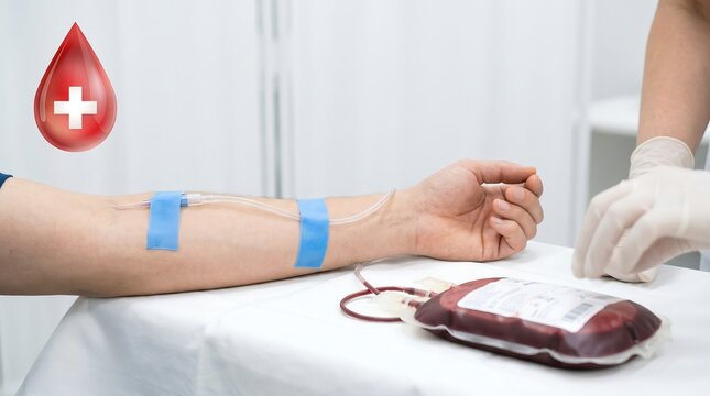 Blood donation process in medical clinic, patient arm with IV catheter and plastic blood bag, healthcare professional in sterile gloves