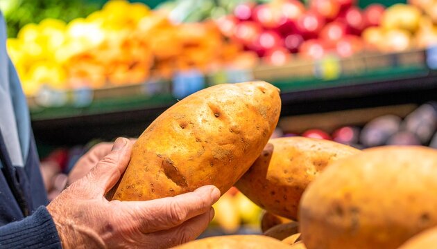 A person's hands holding sweet potatoes at a grocery store produce aisle. The sweet potatoes are a vibrant orange-brown color and appear fresh and firm. In the background.