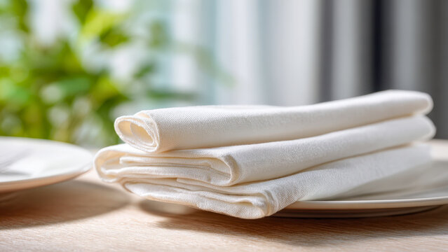 Neatly folded white dinner napkins on a dining plate with restaurant, homeware