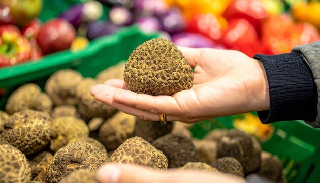 A hand holding a large truffle mushroom, with a pile of truffles in the background and colorful vegetables in a grocery store