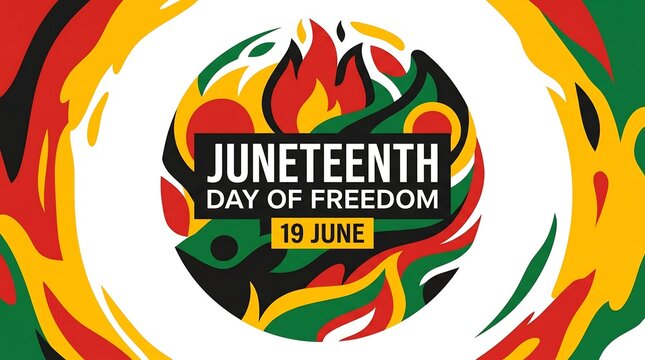 Juneteenth Day of Freedom banner, 19 June celebration graphic with Pan-African colors, vibrant red yellow green and black abstract flame design