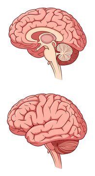 Human brain anatomy sagittal and lateral views.