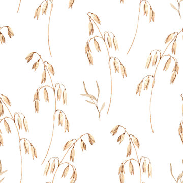 Seamless watercolor pattern with oat branches in soft natural tones. Hand painted botanical composition for farmhouse textile, wallpaper and eco design