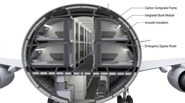 A 3D architectural cross-section of a commercial airplane showing an innovative layout with integrated passenger bunk beds.