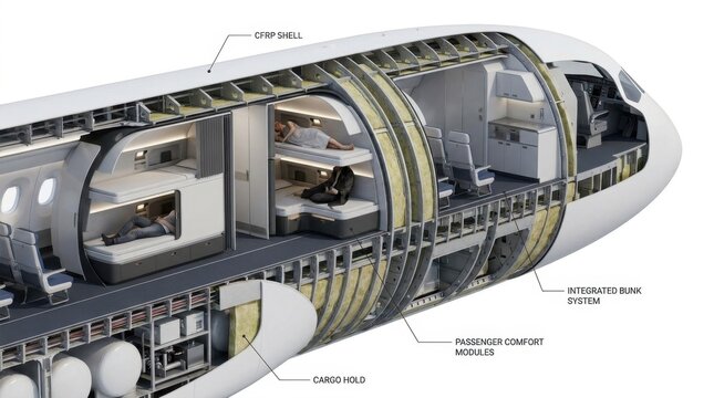 A 3D architectural cross-section of a commercial airplane showing an innovative layout with integrated passenger bunk beds.