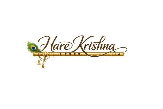 image.png Hare Krishna calligraphy with golden flute, peacock feather and decorative charms, Hindu devotional design isolated on transparent background