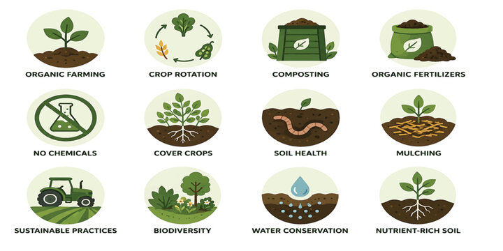 A comprehensive set of green eco icons featuring nature-inspired vector symbols such as leaves, trees, and recycle signs designed for organic and environmental branding