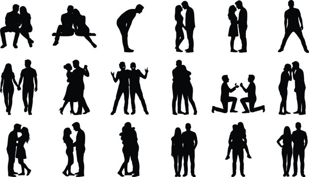 Collection of diverse couple silhouettes in various romantic poses and social interaction scenes for design projects