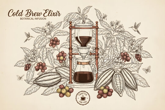 Cold Brew Elixir Botanical Infusion with Dripper Cacao Pods Coffee Cherries and Hummingbirds