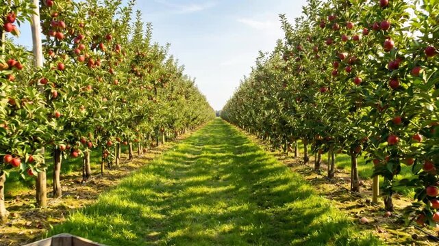 Long rows of apple trees are laden with ripe red apples in a sunny orchard. A rustic wooden crate is moved across the vibrant green grass. The scene suggests a bountiful autumn harvest.