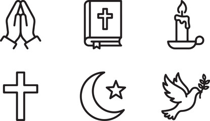 Fototapeta premium Outline vector illustrations of essential religious and spiritual symbols, including prayer, Bible, cross, candle, Islamic crescent, and peace dove icons.