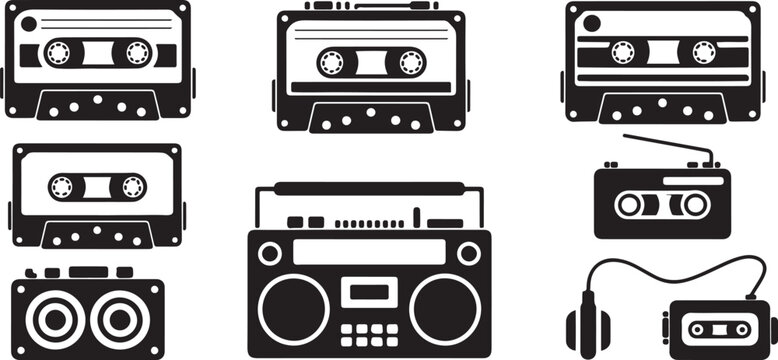 Cassette black vector. vintage cassette player vector. Vector set of cassettes. Black icon silhouette vector