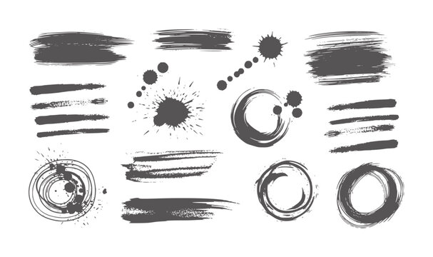 Collection of dark grey ink brush strokes splatters and circles splash