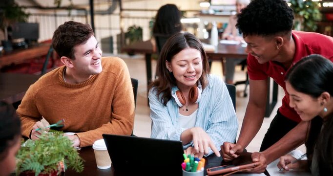 Laptop, study and group with people in college for research, tutor session or education project. Assignment thesis, university and knowledge with students on campus for class schedule and exam portal