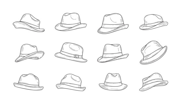 Collection of twelve hand-drawn fedora hats in various styles and angles vintage