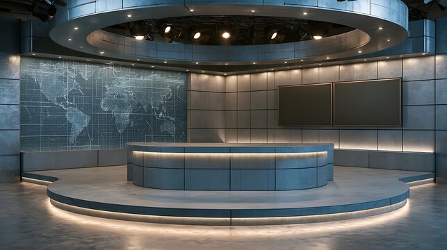 Modern virtual television news studio set with world map background