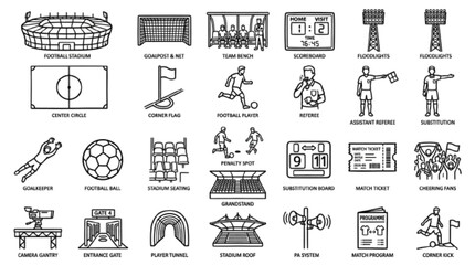 Create 25 unique football stadium-related elements, floodlights, goal net, team bench, scoreboard, center circle, corner flag, black outline vector style.   © Natasa Akter 