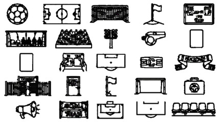 Create 25 unique football stadium-related elements, floodlights, goal net, team bench, scoreboard, center circle, corner flag, black outline vector style.    © Natasa Akter 