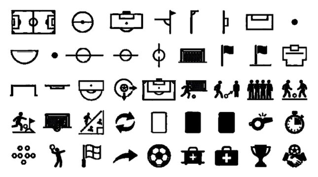 Create 35 unique football field symbols, center circle, penalty box, corner arc, touchline marker, goal area, black vector only.


