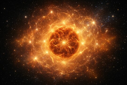 Glowing star cluster with orange nebula in deep space