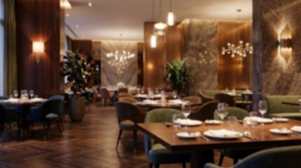 Fototapeta premium Luxury restaurant interior blurred background fine dining bistro cafe lounge modern design hospitality industry wood floor elegant lighting