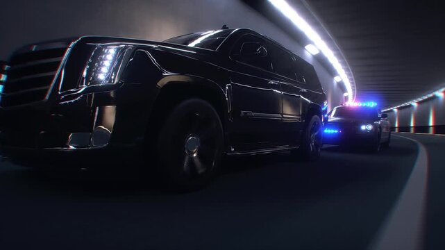 Police Car Pursuing Black SUV Through Highway Tunnel with Flashing Emergency Lights. Realistic 4k animation.