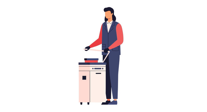 Flat Vector Illustration of a Professional Woman Operating a High-Tech Office Machine or Industrial Printer on a White Background