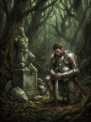 Fototapeta premium A Knight's Vigil: A lone knight in ornate armor kneels in silent prayer before a weathered stone monument amidst an ancient, moss-covered forest.