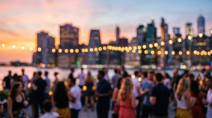 Obraz premium Rooftop party sunset city skyline bokeh background crowd social event gathering nightlife urban lifestyle celebration summer evening