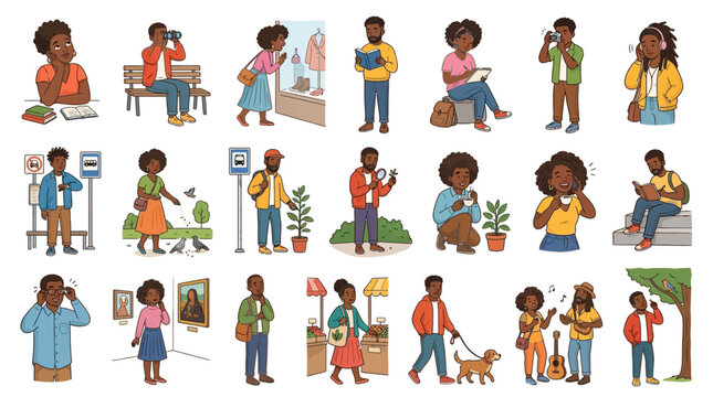 Diverse people illustrations engaged in various daily activities and hobbies