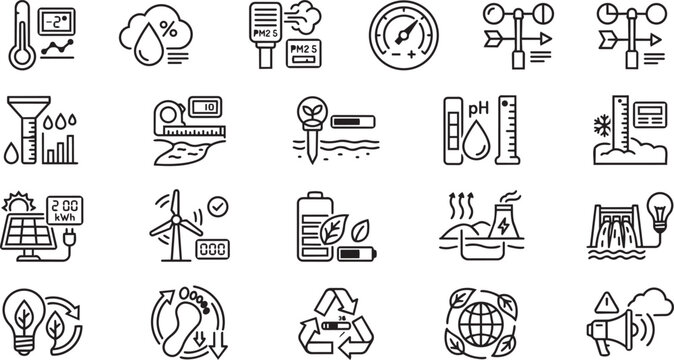 Environmental Monitoring and Renewable Energy Line Icons Set for Sustainability, Climate, Ecology and Green Technology