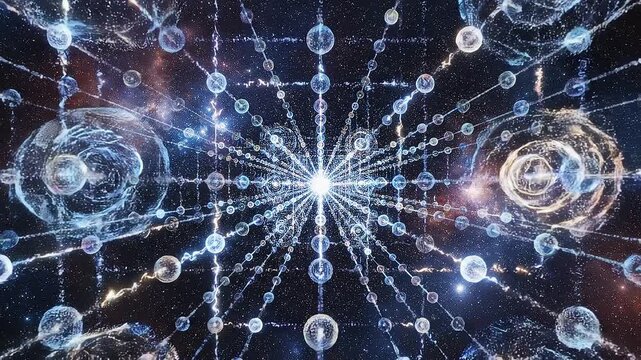 Glowing blue and white energy lines and orbs in a starry night sky with a bright light