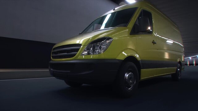 3d model Yellow Delivery Van Driving Through Modern Highway Tunnel. Realistic 4k animation.