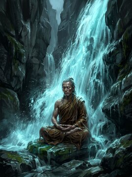 Zen Tranquility by the Waterfall: An ascetic monk sits in deep meditation beside a cascading waterfall, enveloped by the serene power of nature and seeking inner peace.