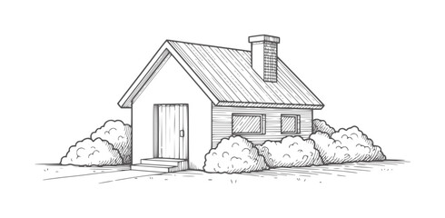 Hand drawn of a small house with a chimney surrounded by bushes roof windows door © Md