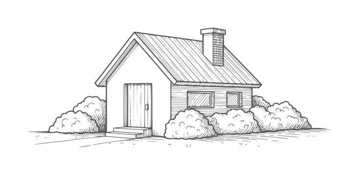Hand drawn of a small house with a chimney surrounded by bushes roof windows door