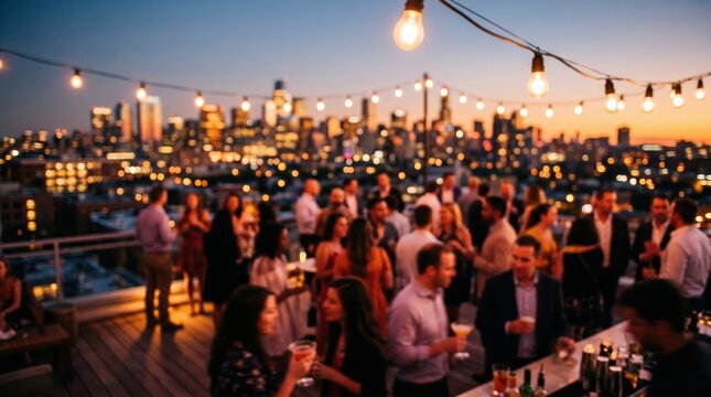 Rooftop bar party bokeh people socializing city skyline sunset golden hour cocktails string lights nightlife celebration gathering urban lifestyle