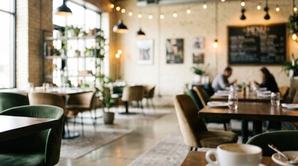 Fototapeta premium Blurred restaurant interior cafe coffee shop background bokeh soft lighting cozy atmosphere modern dining room hospitality food service industry