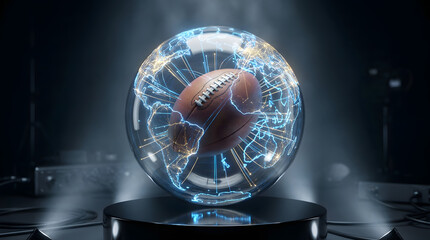 American football inside a glowing transparent sphere representing the interconnected global network